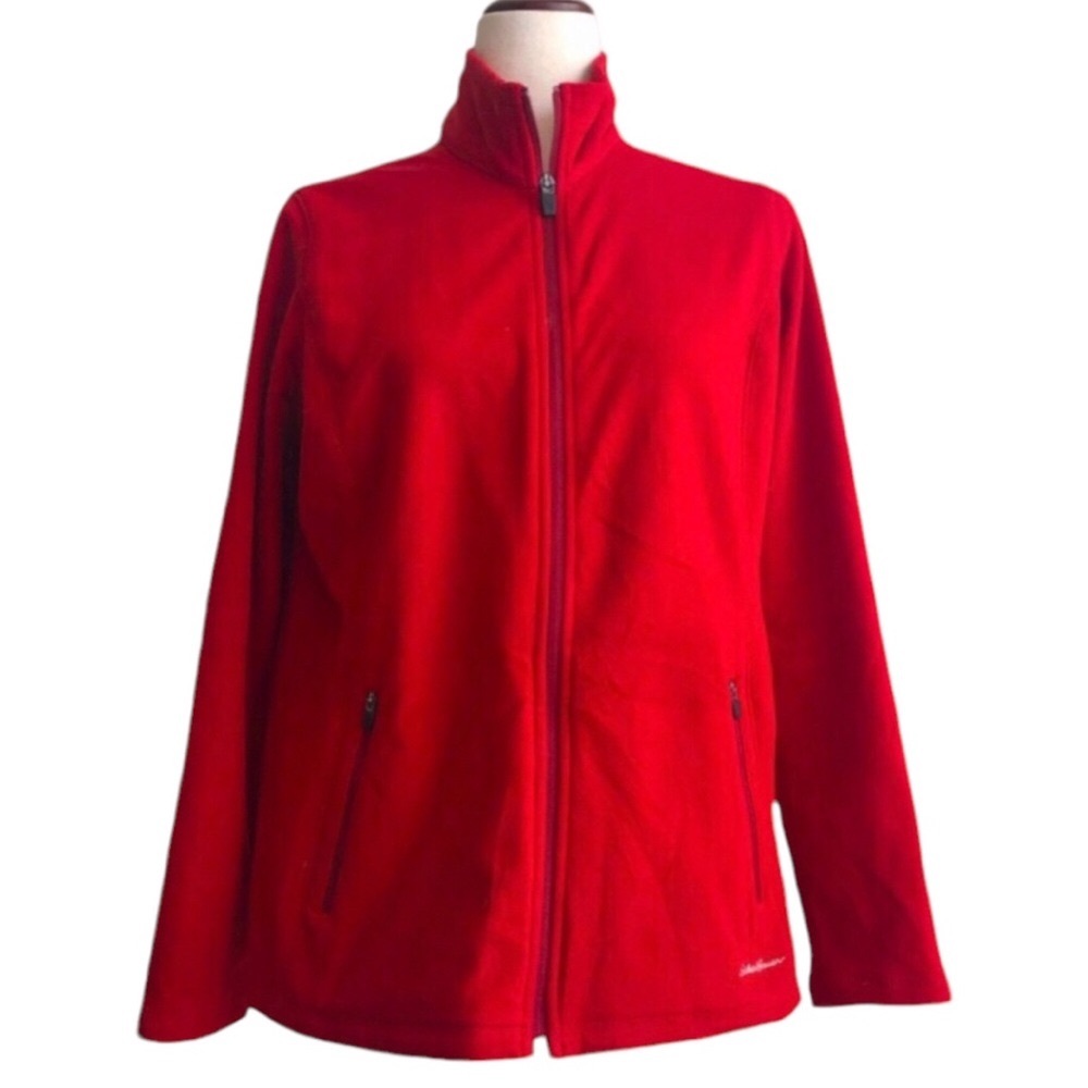 Eddie Bauer Red Fleece Petite Size Large Zippered Pockets Full Front Zip
